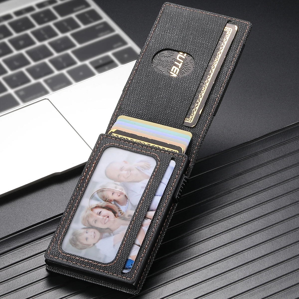 SUTENI Faux Leather Card Slot Wallet Flip Cover Unisex Card Box Pressing The Button Automatically Ejects The Card