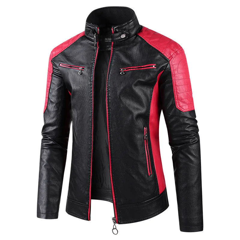 2025 New Color Blocked Stand Up Collar PU Leather Motorcycle Bike Jackets for Men,multi-color Spring Autumn  Thin Casual PU Coat