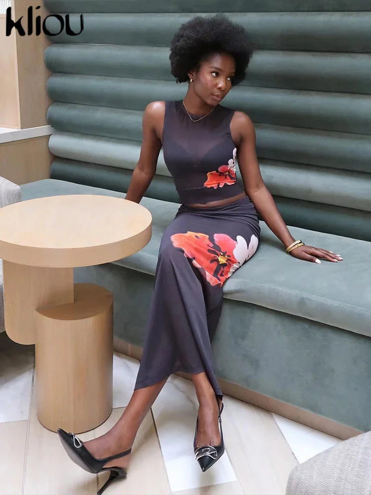 Kliou Vintage Folower Print Zweiteiliges Set für Damen, sexy, durchsichtige Netz-Weste + schmaler Rock mit hoher Taille, passende Outfits für Damen