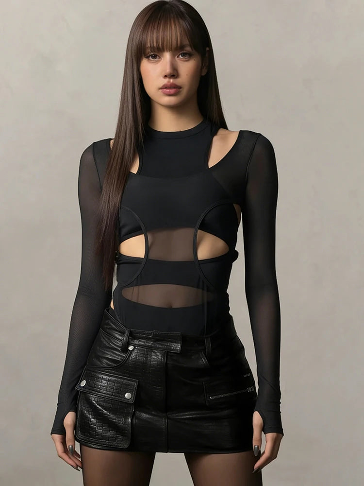 Kliou Mesh Patchwork Bodysuits Woman Irregular Hollow Design o-Neck Full Sleeve Skinny Stretch Hot Girls Sexy Fashion Bodycon