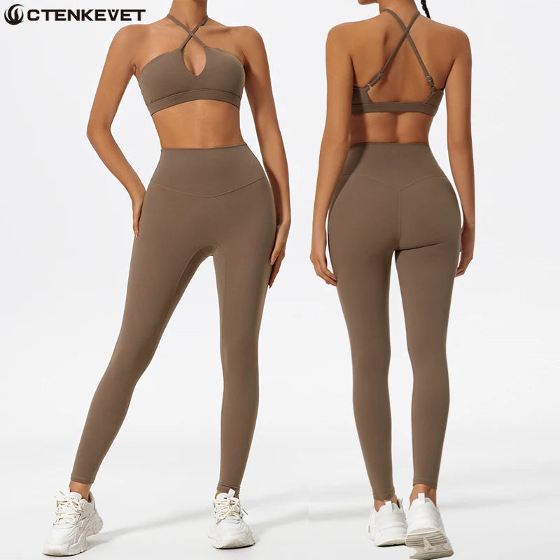 Two-Piece Women's Sports Set Chest Crossover Yoga Clothes Female Gym Bandeau Sports Bra Suits Sport Outfit For Woman
