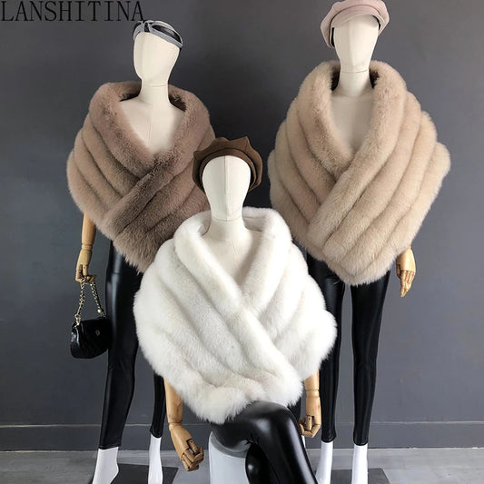 Woman Real Fox Fur Shawl Vest Jacket Fluffy Fur Cape Natural Fur Poncho Fur Lady Scarf Wrap Coat Shawl  Wedding Party Clothing