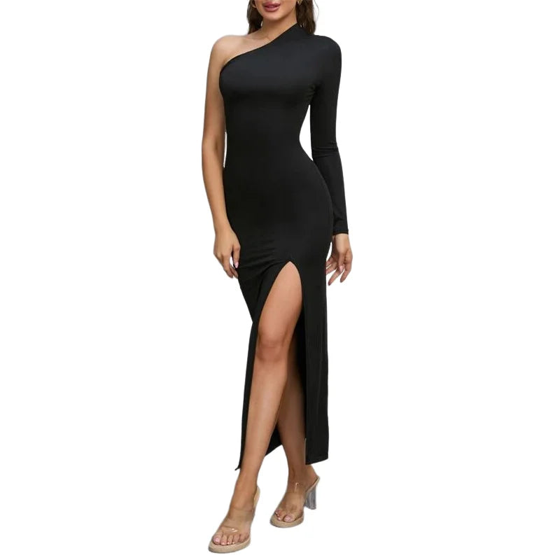 Spring Summer Single-Side Sleeve Dress Women Solid Color Split Sexy Long Dress Evening Party Black Cross Collar Dress