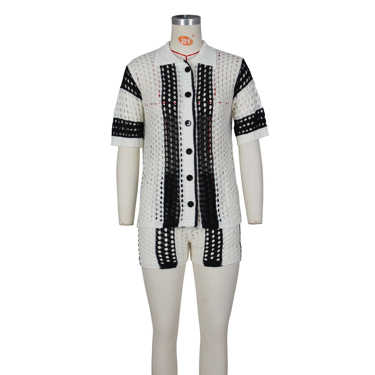 Women's Two Pieces Set Knit Ribbed Crochet Patchwork Outfits Short Sleeve Shirt Sweater Short Suit  Two Set Outfit Tracksuit