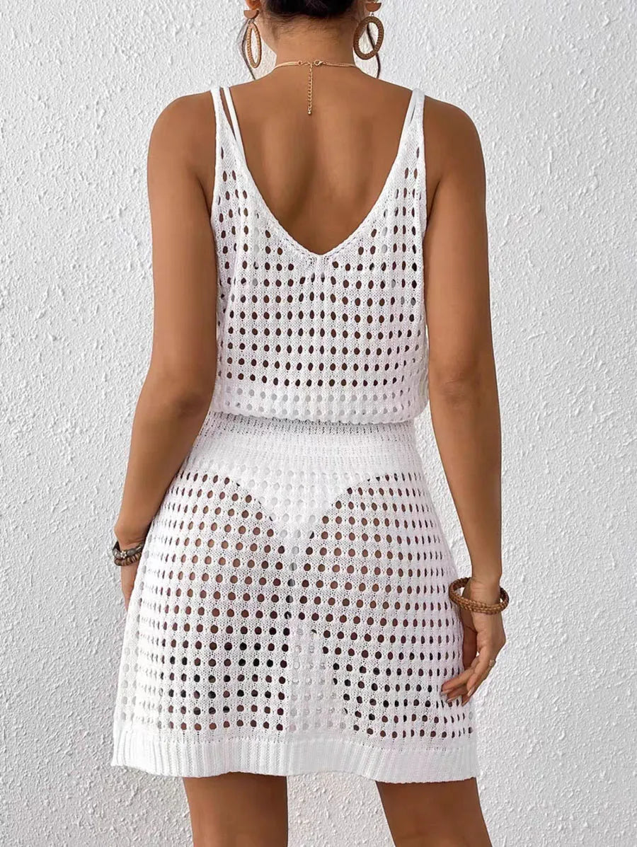 Women Solid Sexy Straps Knitted Dress Sexy Hollow Out Bodycon Halter Mini V Neck Backless Beach Dresses Summer