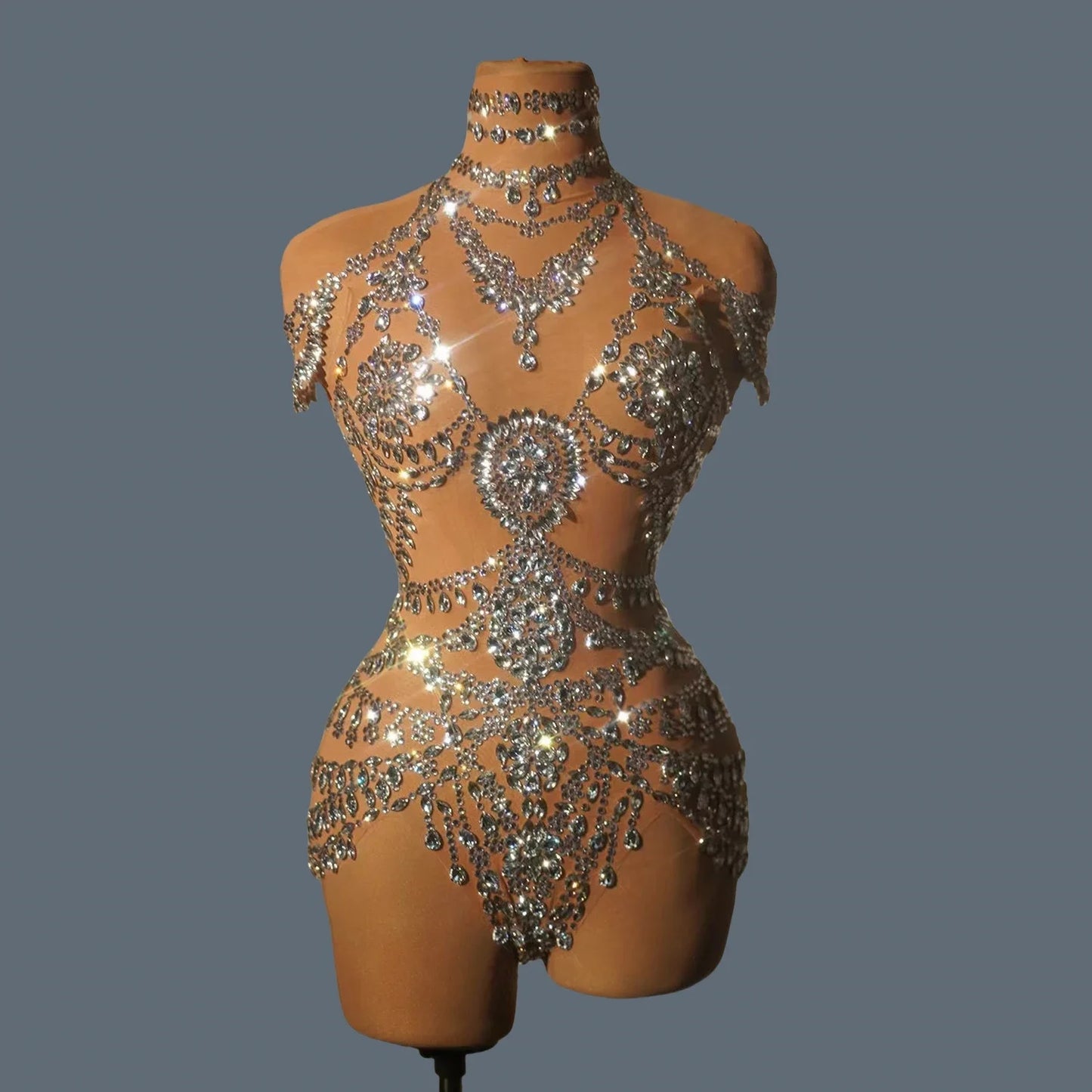 Women Sexy Mesh Sheer High-quality Rhinestone Bodysuit Dance Stage Performance Costume Singer Party Club Show Bodysuit Wuniang