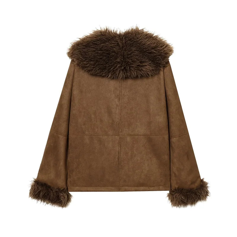 HXAO Women's Coat Cropped Faux Fur Coat Autumn Winter Warm Hairy Brown Jacket Women Long Sleeve Elegant Luxury Coat Ladies
