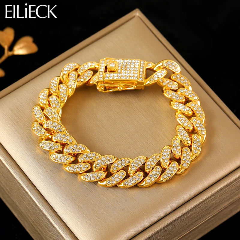 316L Stainless Steel Gold Color Cuban Chain Bracelet For Women Men Trendy Punk Waterproof Wrist Chain Jewelry Gift Party