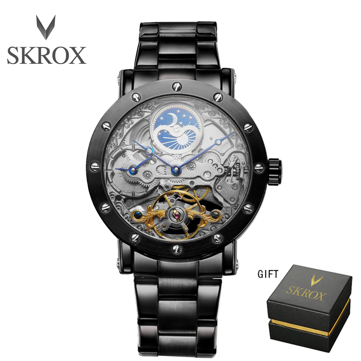 Luxury Brand GMT Time Zone Moon Phase Automatic Movement Man Watch Stainless Steel Skeleton Mechanical Waterproof Male Clockwork