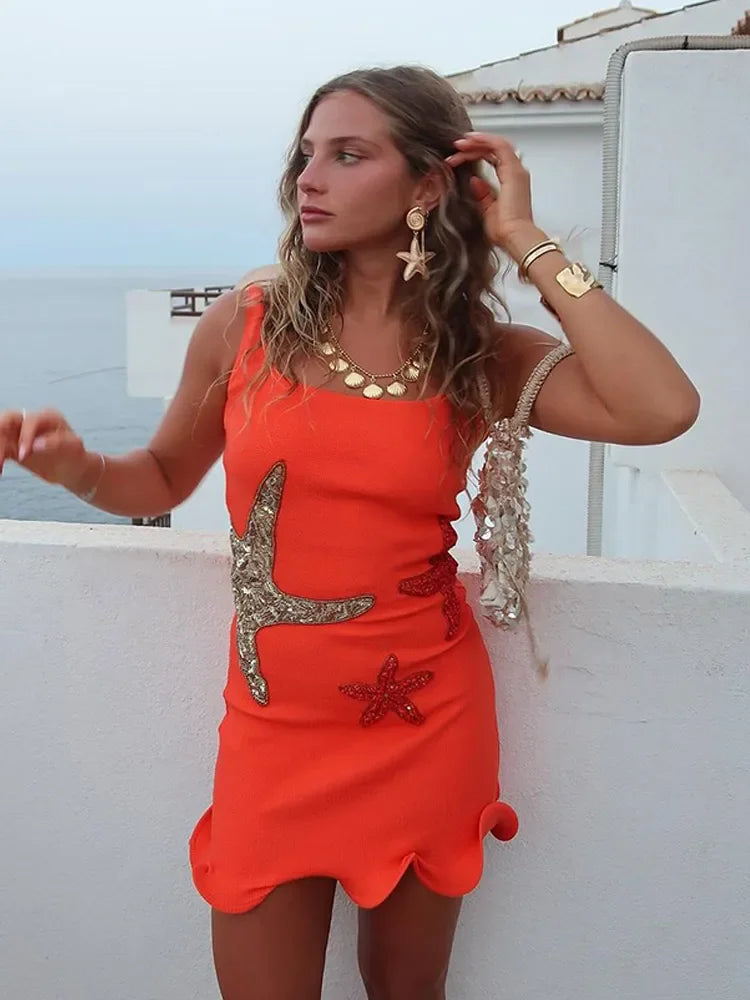 Stunning Shiny Stars Ruffles Hem Knitted Mini Dress Women's Chic Slim Fit Sleeveless Sling Vestidos 2025 Lady Street Gowns New