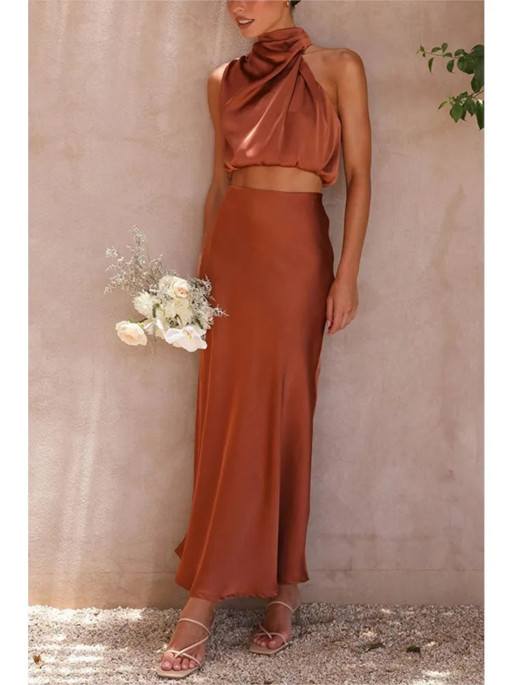 Women's Two-Piece Satin Long Skirt Sleeveless Fashion Off The Shoulder Elegant Solid Color Short Top A-line Skirt Two-Piece Set