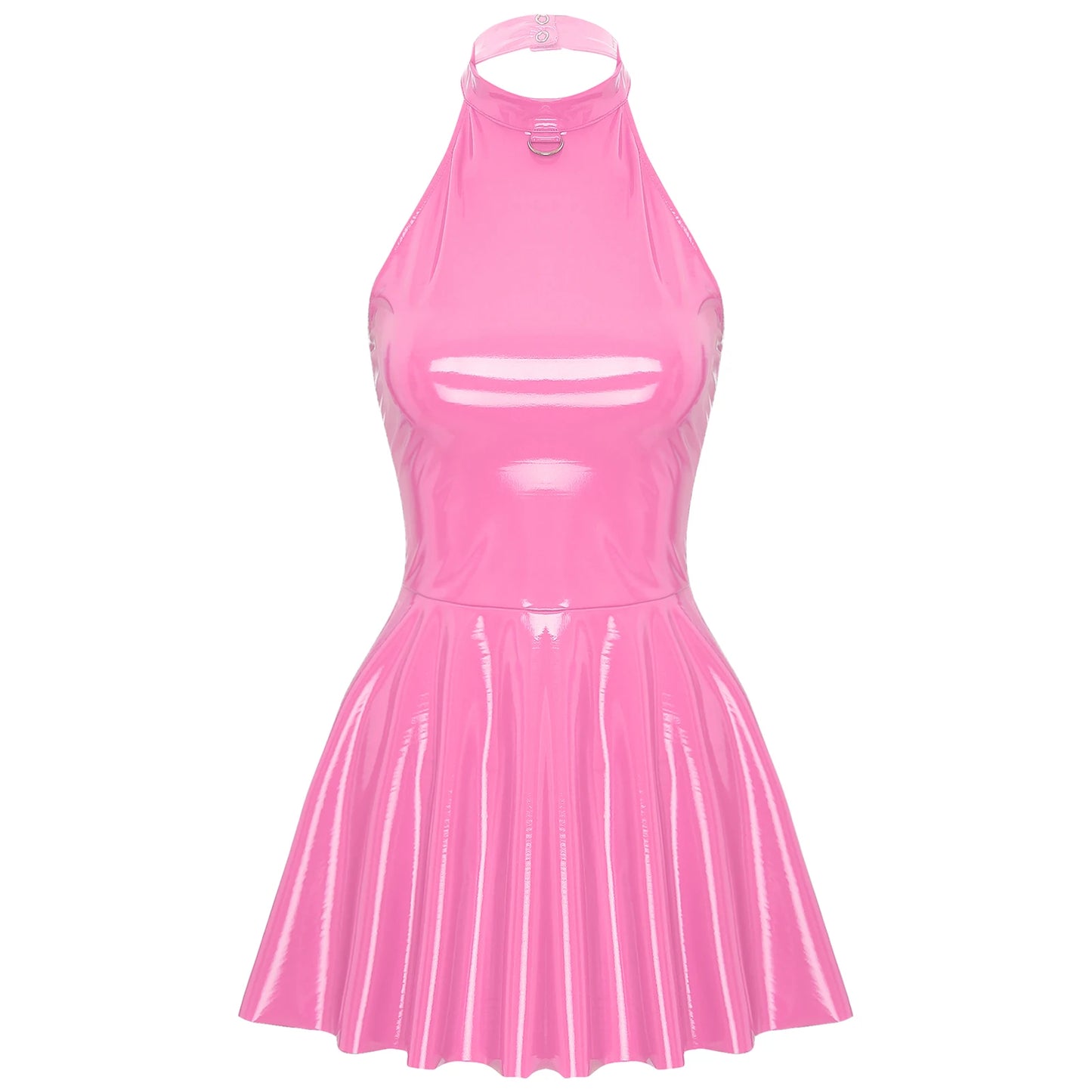 Damen Latex Swingrock Discokleid Glanzlackleder Clubwear Neckholder Ärmellos Skater Minikleid Rave Party Clubwear