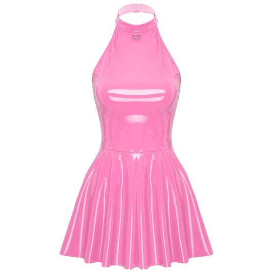 Womens Latex Swing Skirt Disco Dress Glossy Patent Leather Clubwear Halter Sleeveless Skater Mini Dress Rave Party Clubwear