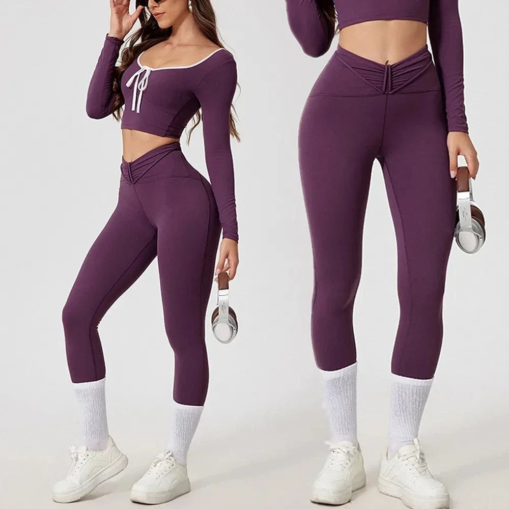 Seamless Yoga Sets Sports Tops Fitness High Waist Hip Lifting Pants Long-Sleeved Suit Running Workout Gym Leggings Set for Women