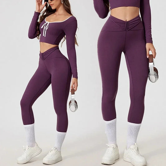 Seamless Yoga Sets Sports Tops Fitness High Waist Hip Lifting Pants Long-Sleeved Suit Running Workout Gym Leggings Set for Women