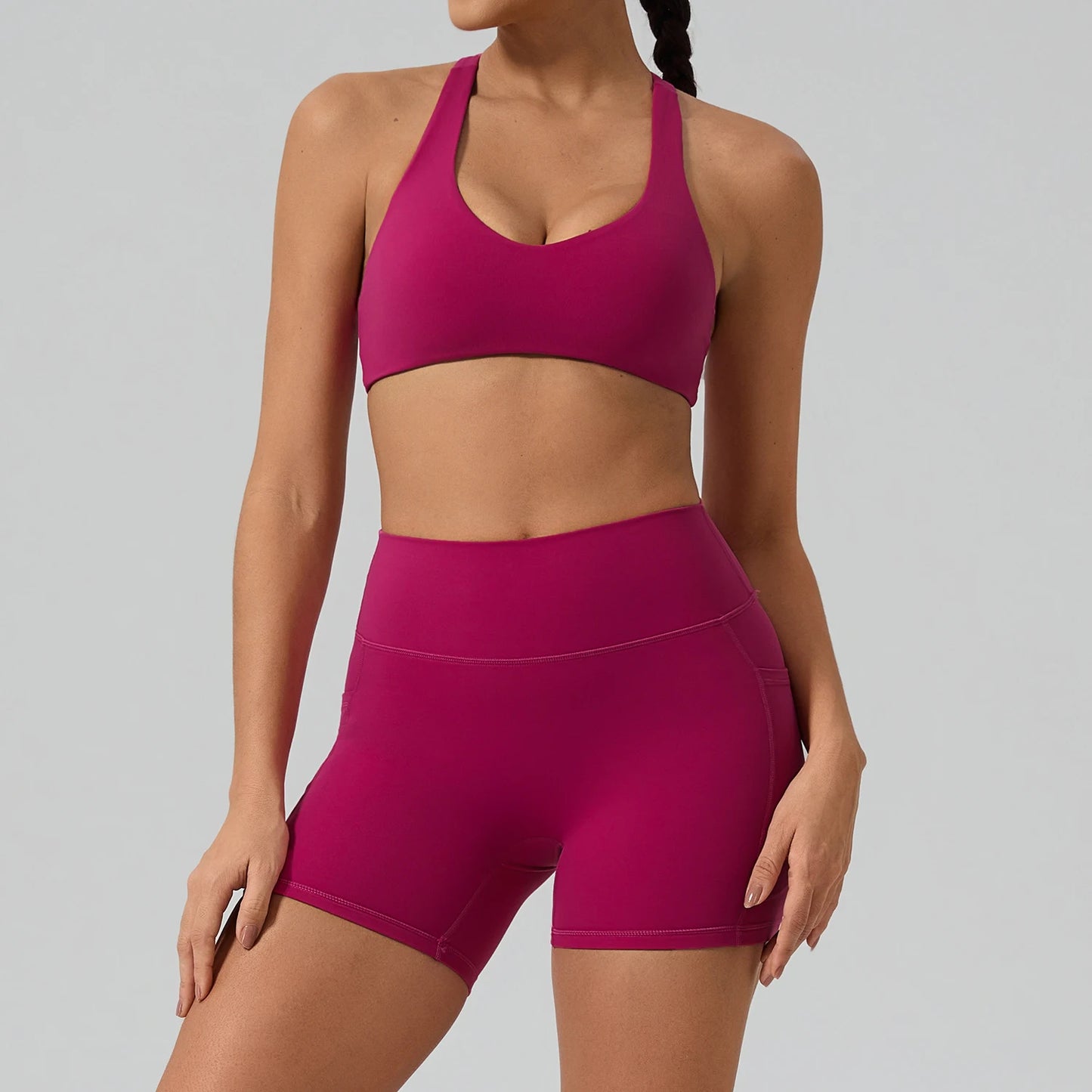 Hearuisavy Fitness Set 2Pcs Women Gym Sports Bra Running Sports Shorts With Pockets High Impact Breathable Racerback Yoga Tops