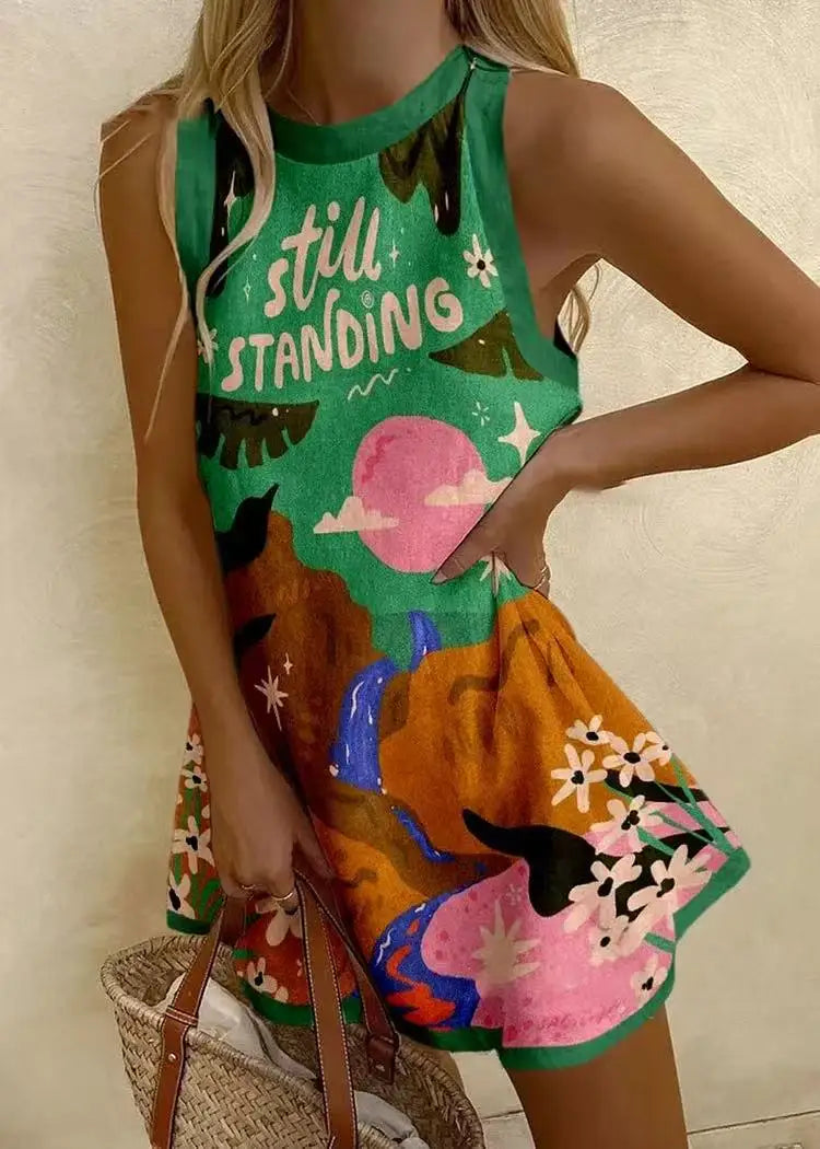 Vestidos Para Mujer Women Puzzle Print Summer Dress Sleeveless Casual Tank Top O-Neck Beach Dresses Female High Quality Clothing