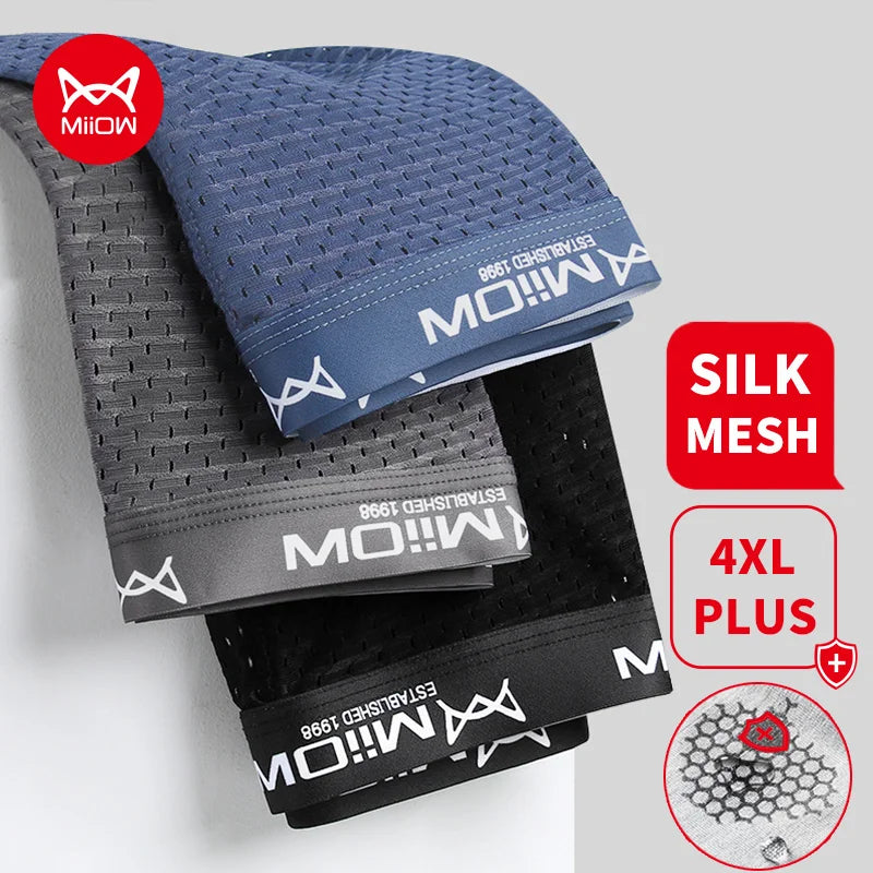 MiiOW 3Pcs Sexy Mesh Men Boxer Underwear Graphene Antibacterial Male Panties Ice Silk Underpants Breathable 4XL Boxershort 2022