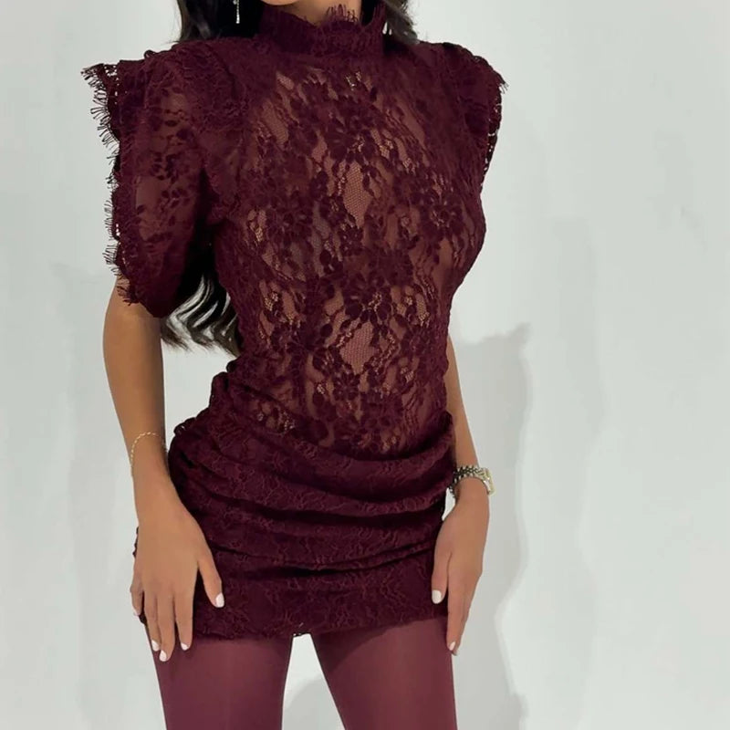 Retro Solid Color Short Sleeved Summer Dress Fashion Embroidery Perspective Party Dress Ladies Stand Collar Lace Slim Mini Dress