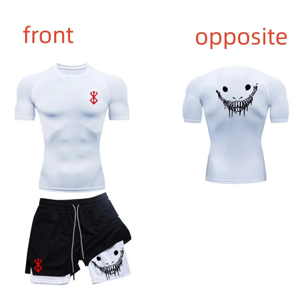 Men's fashionable casual fitness set, gym quick drying sportswear, shorts+shirt, 2-piece set, running, training, summer