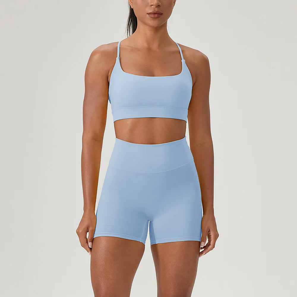 Yoga suit set, sexy back, sports bra, high waist, hip lifting, tight shorts, running and fitness two-piece set Women' Yoga sets
