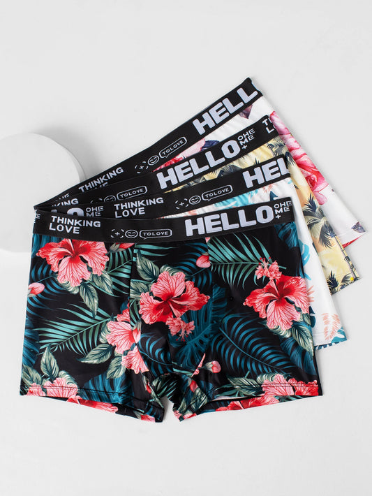 Explosive 4 pairs of men's trendy underwear breathable flowers printed boxer shorts boys explosive boxer shorts non-marking brea