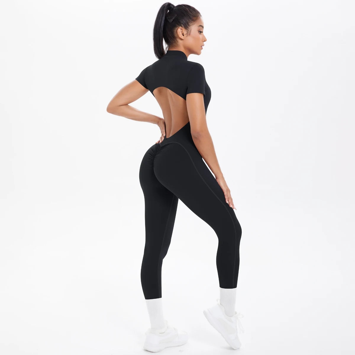 Short Sleeved Fitness Jumpsuit for Woman Bodysuits Backless Solid Color Scrunch One-Piece Suit Half Zipper Gym Yoga Sets Womens