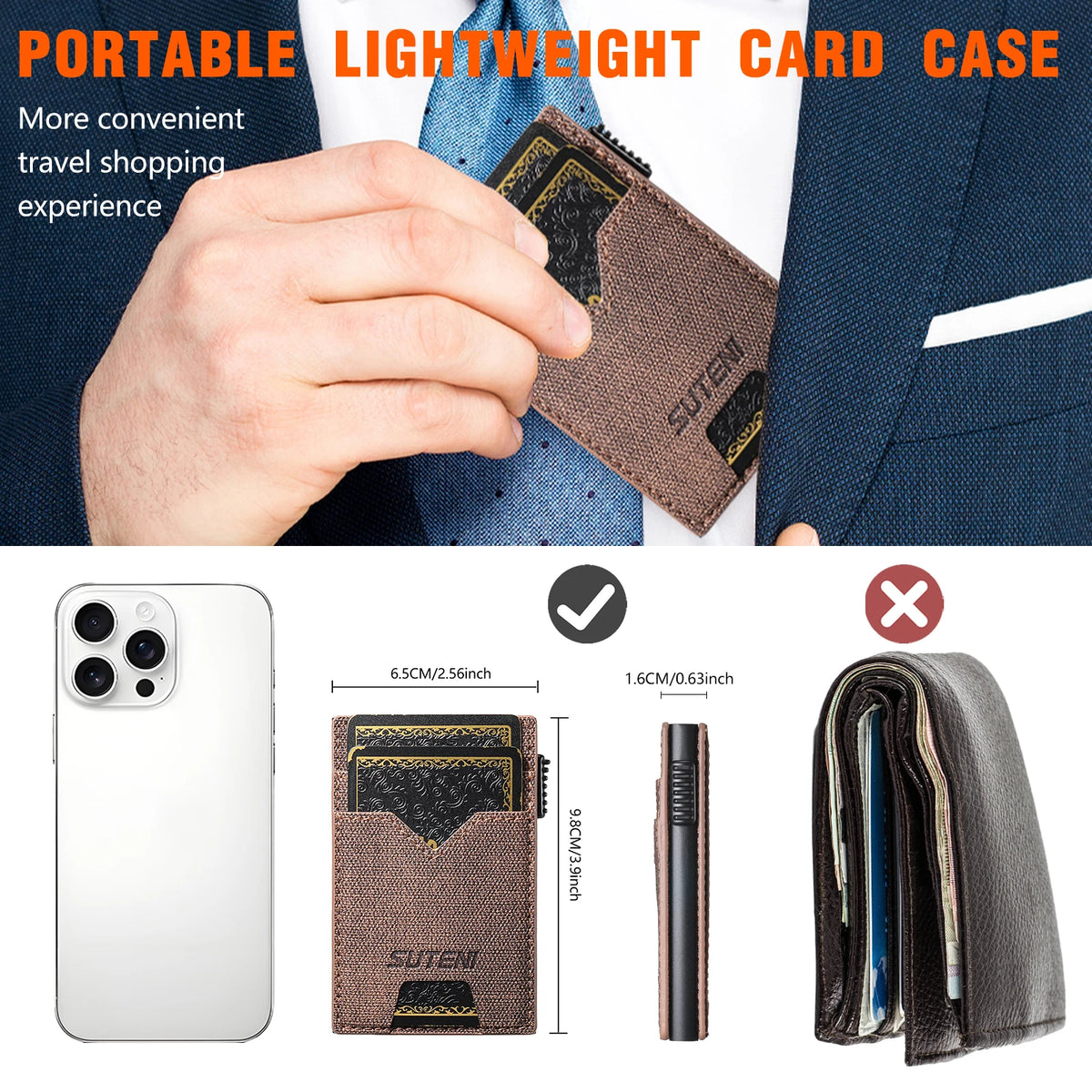 SUTENI Faux Leather Card Slot Wallet Flip Cover Unisex Card Box Pressing The Button Automatically Ejects The Card