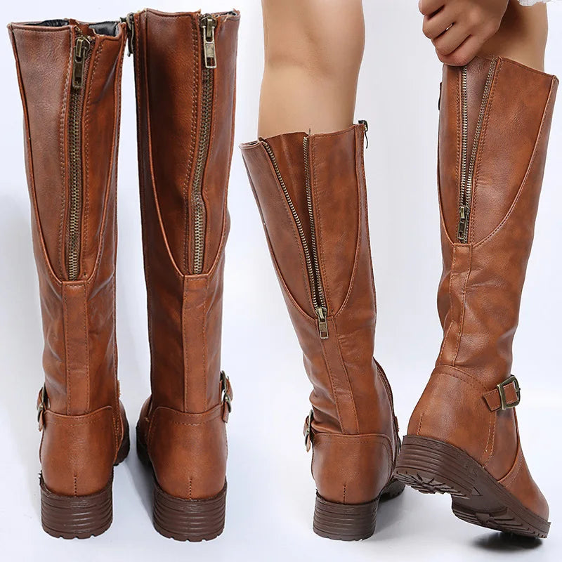 Women Knee High Boots Platform Long Boots Low Heels Round Toe Shoes New Zip Brown High Boot Vintage Pu Leather Women Boots 2025