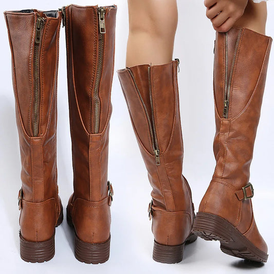 Women Knee High Boots Platform Long Boots Low Heels Round Toe Shoes New Zip Brown High Boot Vintage Pu Leather Women Boots 2025