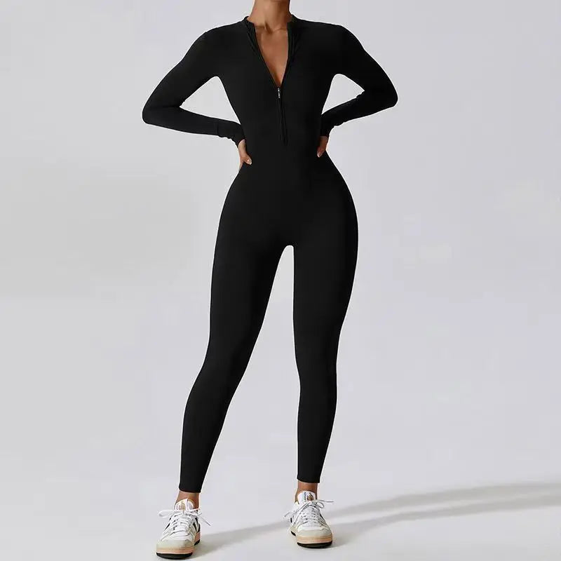 Spring Women's One-piece Yoga Jumpsuit Sporty Long-sleeved Thin Ski Overalls Outerwear Cycling Bodysuit Zipper Ladies