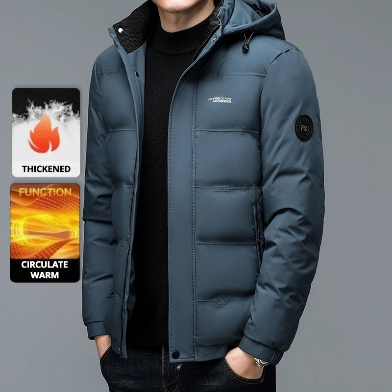 Men's Quilted Winter Windbreaker Parka Jacket with Thickened Lining – Hooded Standing Collar Coat for Middle-Aged Warmth