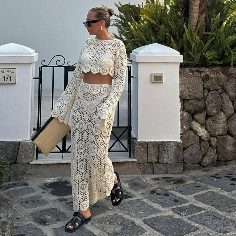 Schwarze Strandrock-Sets für Damen, sexy, aushöhlen, schlank, zweiteilig, Herbst, langärmeliges bauchfreies Top und Maxirock, Outfits 2024