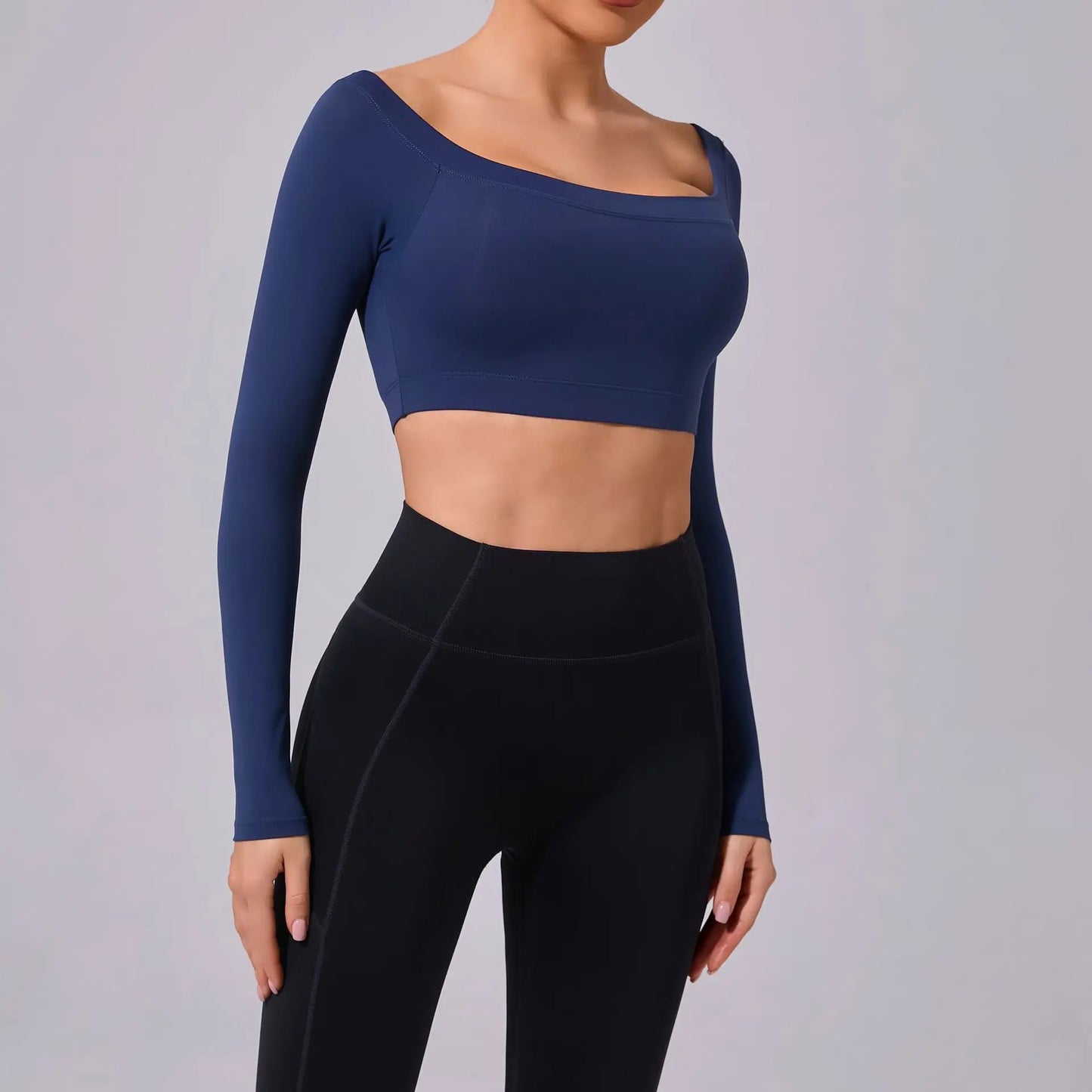 One shoulder T-shirt, long sleeved yoga suit, women's sandblasted tight fitting fitness suit, paired with a sports running top