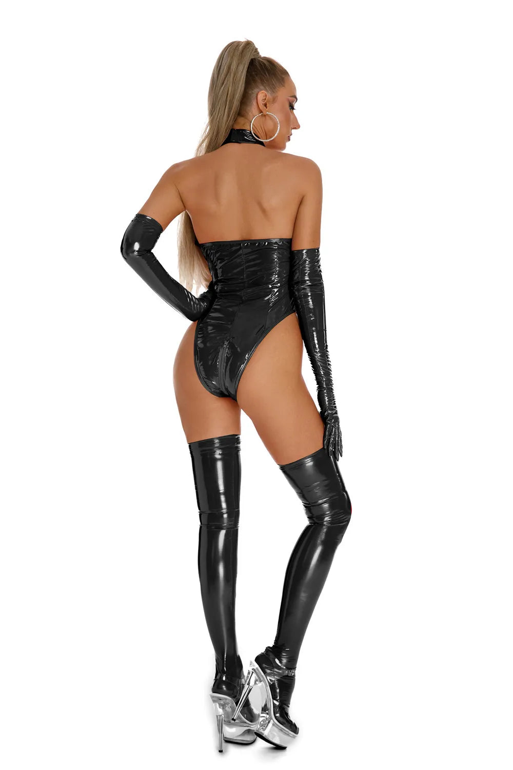Womens Latex Catsuit Wet Look Lace-Up Body PVC Teddy Fetish Bodysuit Exotic Parties Night Club Wear Pole Dancing Full Set