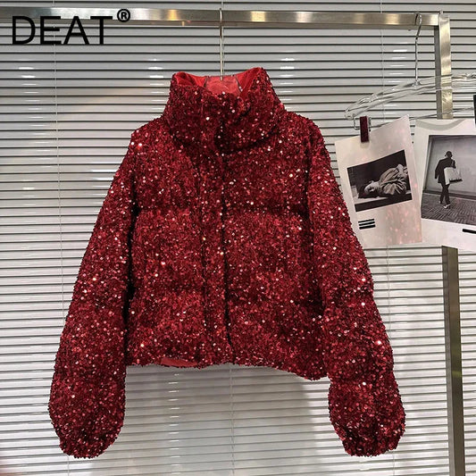 DEAT Winter New Fashion Heavy Industry Colorful Sequin Stand Collar Warm Jacket For Women Cotton-padded Coat 11A07258