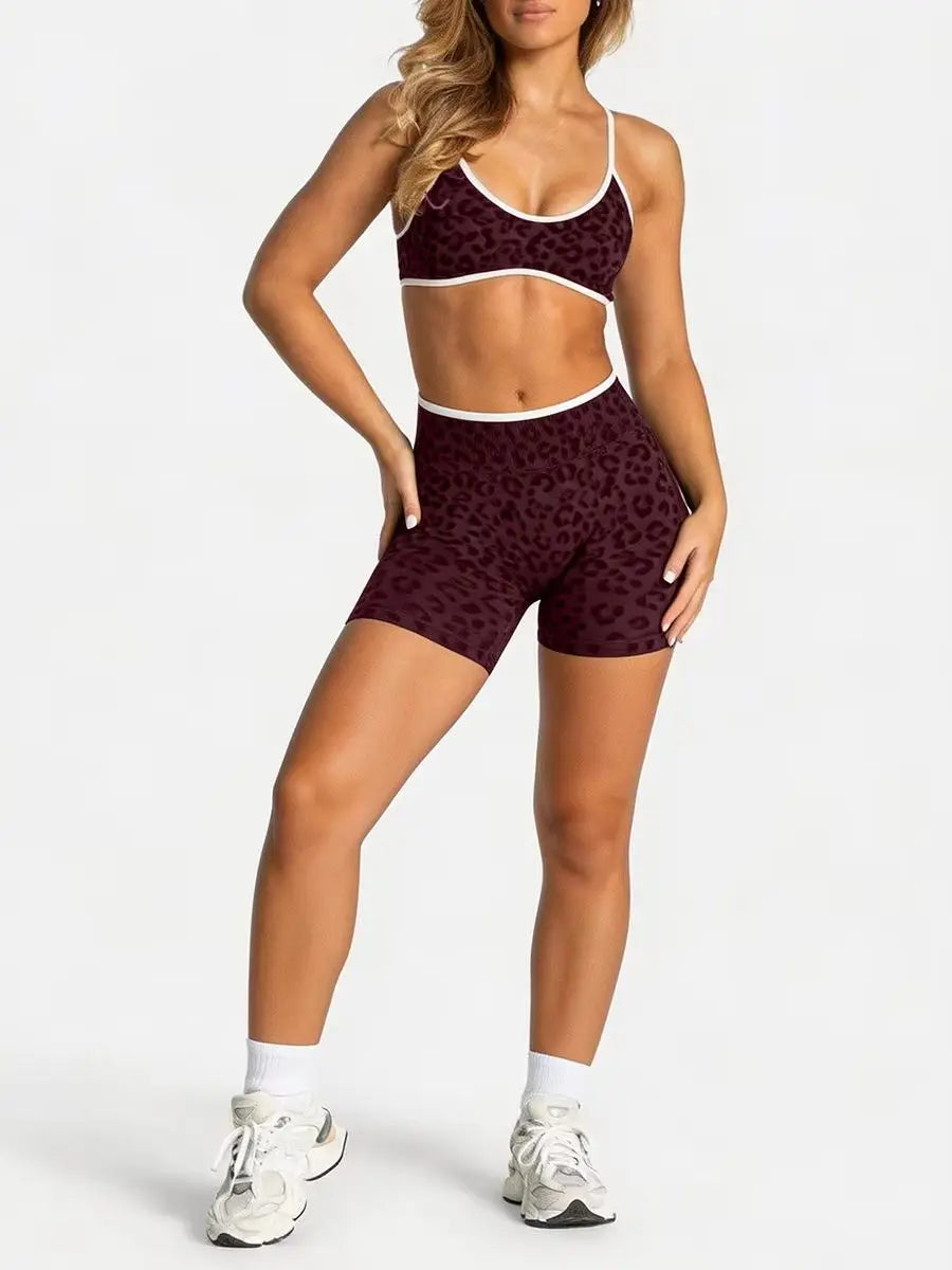 Women's Leopard Print Sports Bra & Shorts Yoga Set Workout Activewear Gym Suit