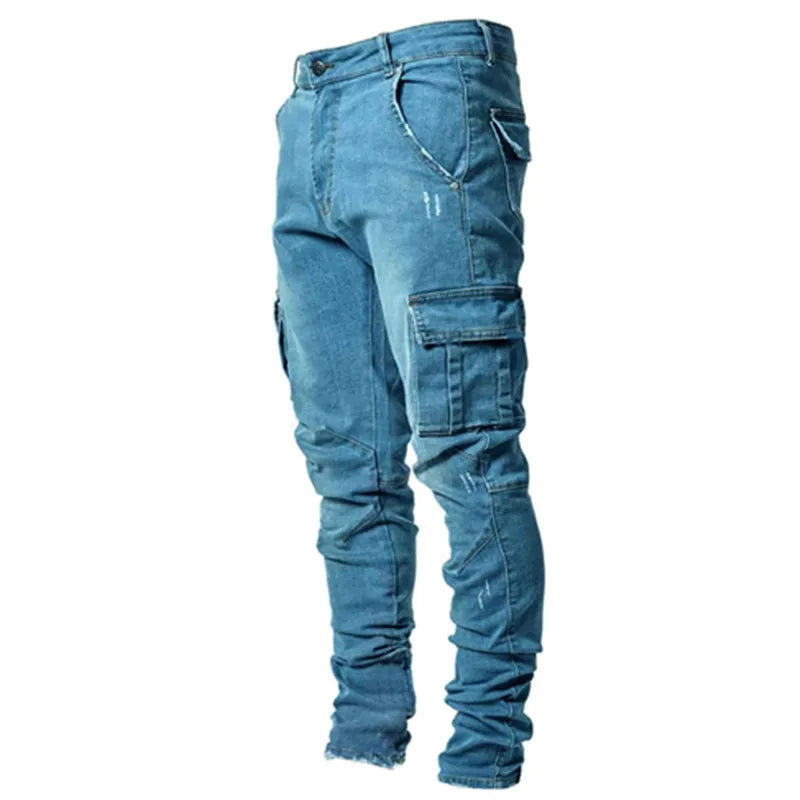Männer Jeans Bleistifthose Cargo Denim Solide Knöchellänge Waschtaschen Mittlere Taille Etui Slim Leichte Strech High Street 2024