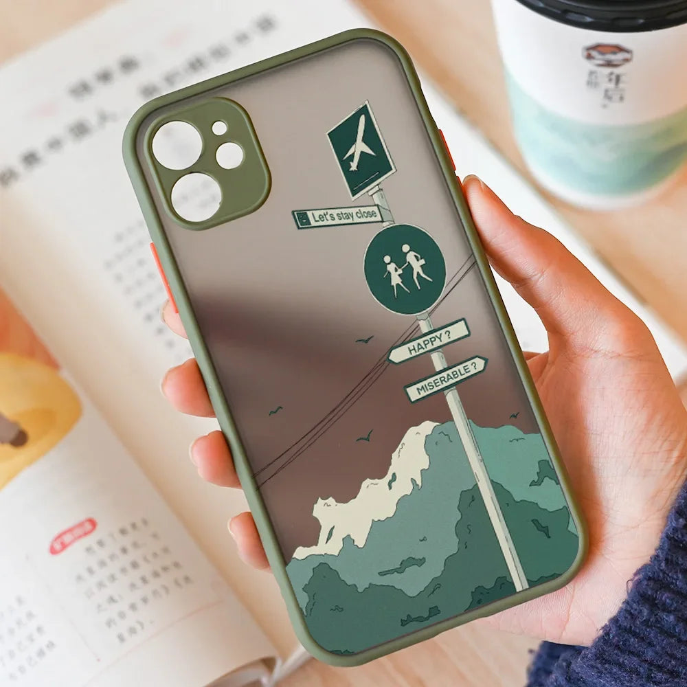 Japan Anime Landscape Phone Case For iPhone 16 15 11 13 12 14 Pro Max Mini 7 8 Plus SE 16E Scenery Hard Matte Cover Fundas Skin