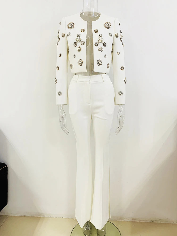 HIGH STREET Newest Fashion Designer Suit Set Women's Pearls Diamonds Rhinestone Beaded Trimed Jacket Flare Slit Pants Suit