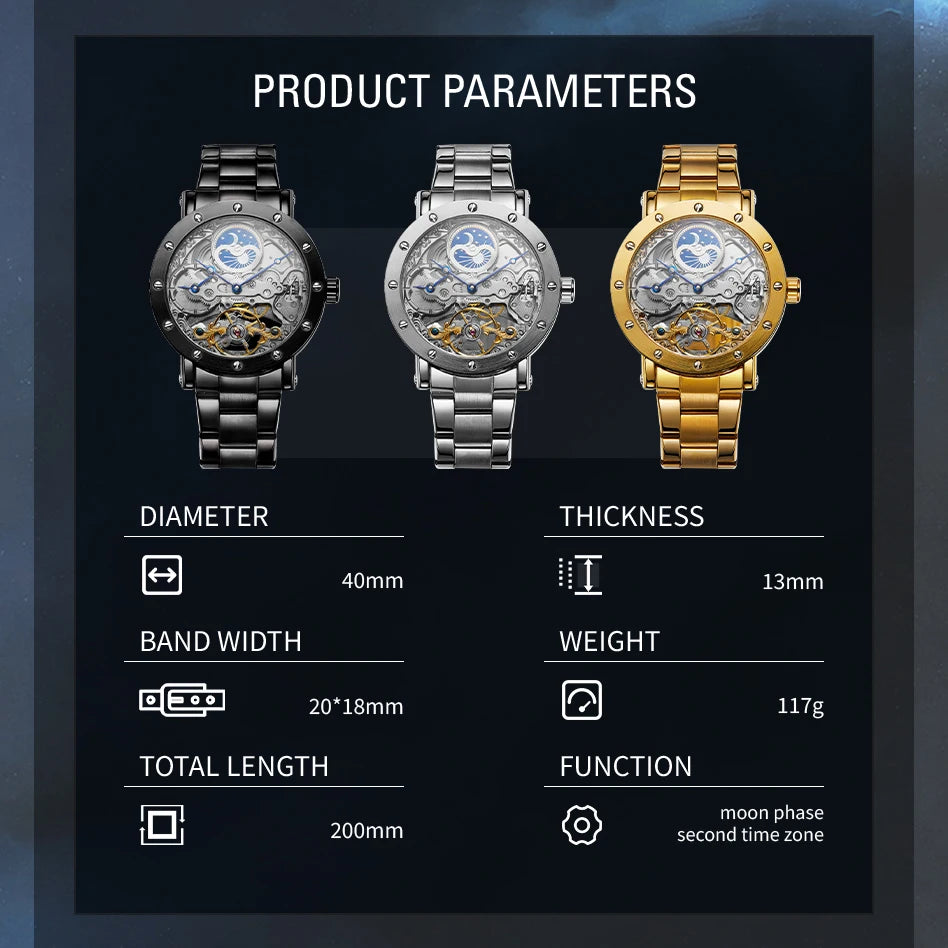 Luxury Brand GMT Time Zone Moon Phase Automatic Movement Man Watch Stainless Steel Skeleton Mechanical Waterproof Male Clockwork