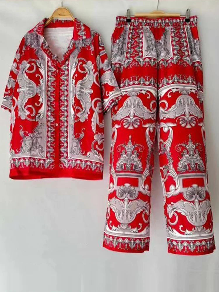 Luxury printed loose long-sleeved shirt spring and summer women's two-piece suit+elastic waist straight pants casual suit