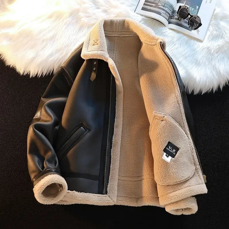 Men's Autumn Winter Thickening Fleece Leather Jacket Plus Velvet Warm Fashion Black Khaki Male Casual Work PU Jacket Cotton Coat