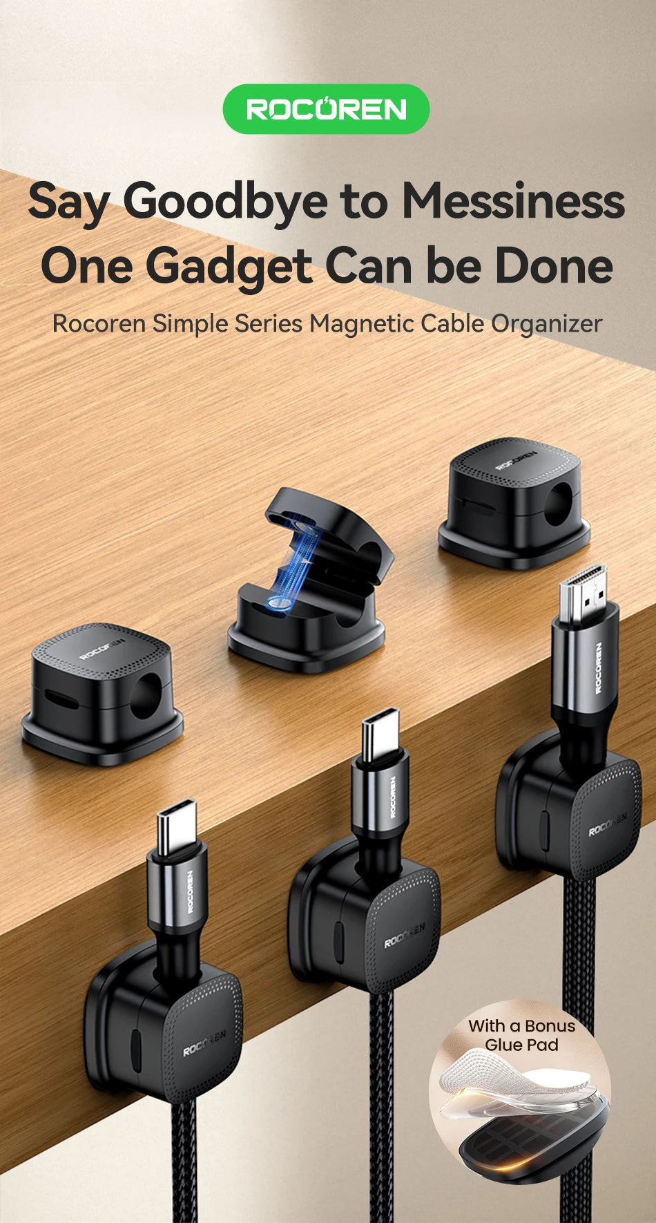 Rocoren Magnetic Cable Sorting Desktop Self Adhesive Cable Clamp Adjustable Cable Management Clamp for Earphone Cable Data Cable