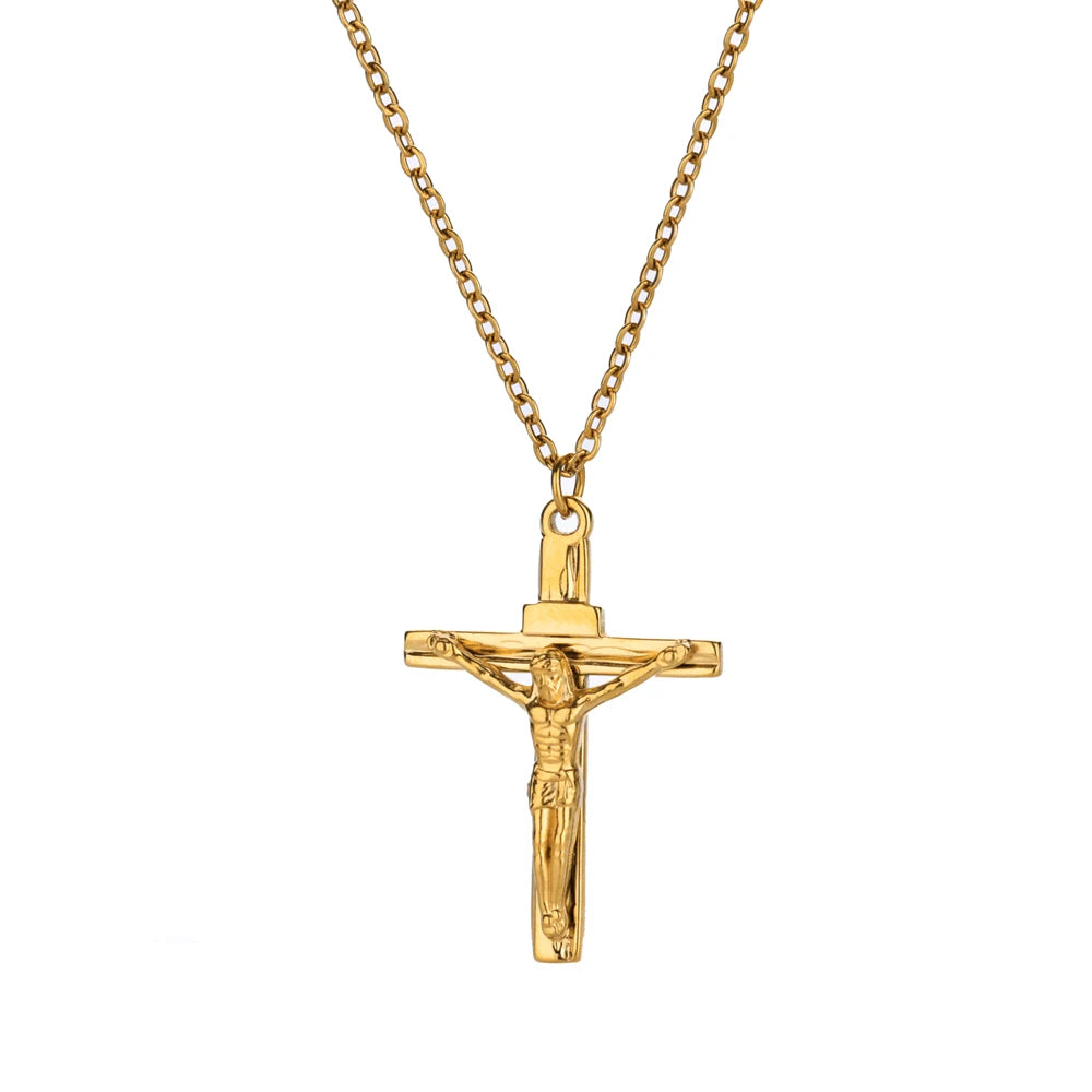 Stainless Steel Jesus Cross Necklace For Women Men Gold Color Caravaca Angels Crucifix Charm Choker Rapper Jewelry Hip Hop Gift