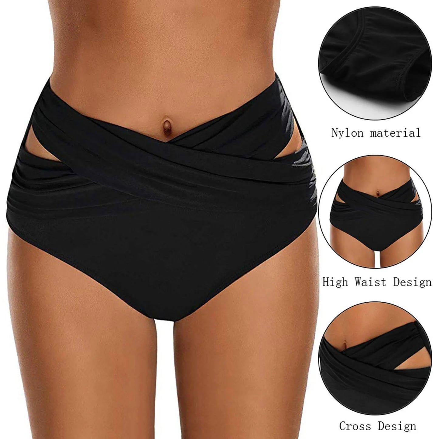 Women High Waist Ruched Bikini Bottoms  Swimsuit Briefs Pants Biquinis Feminino
