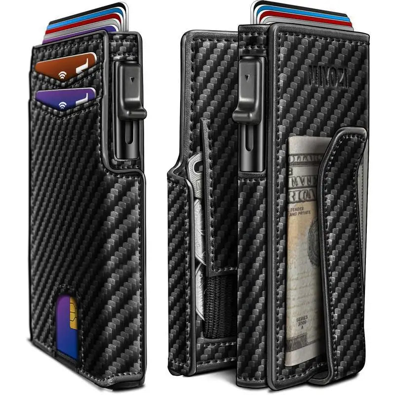 OUIO New Black Leather Wallet For Men Slim Bifold RFID Blocking Wallet With Pop-Up Metal Card Holder Card Sleeves POP UP Wallet