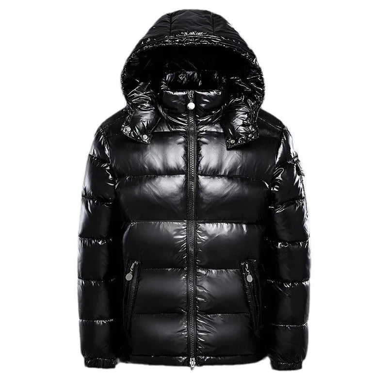 Down cotton clothes, black glossy men and women couples large size jacket hooded thickened bread clothes