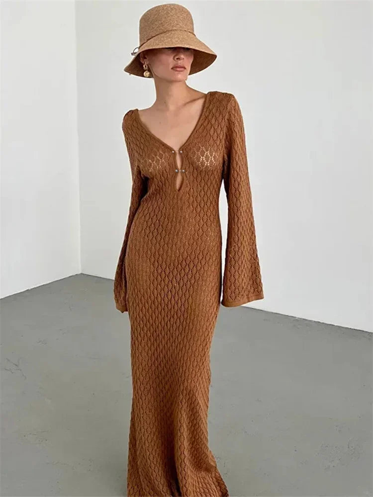 BWQ White Knit Fashion Cover up Maxi Dress Female See-Through V-Neck Hollow Out Beach Holiday Dress Knitwear Backless Dress