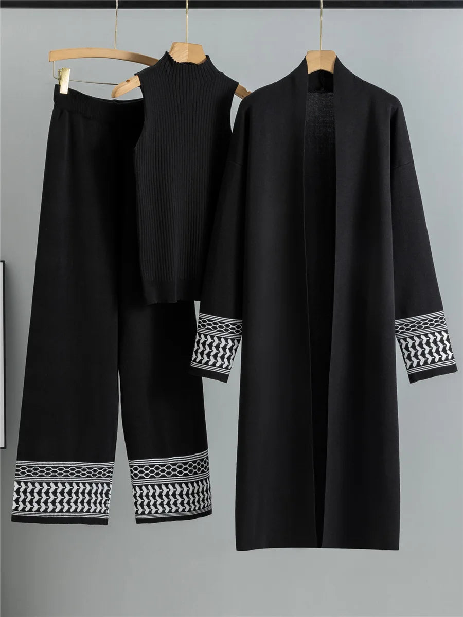 Korean Design Elegant Knitted 3 Piece Sets Women Knit Vest Sweater Long Cardigan Tops Conjuntos High Waist Wide Leg Pants Outfit